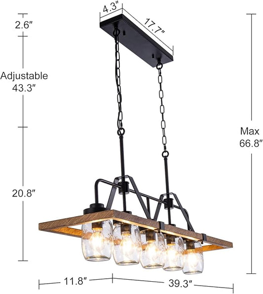 Wellmet Kitchen Island Chandelier, Mason Jar Pendant Light Dining Room, 5-Light Wooden Paint Pendant Light for Living Room, Dining Table, Kitchen, Hallway, Restaurant, 39.3''W