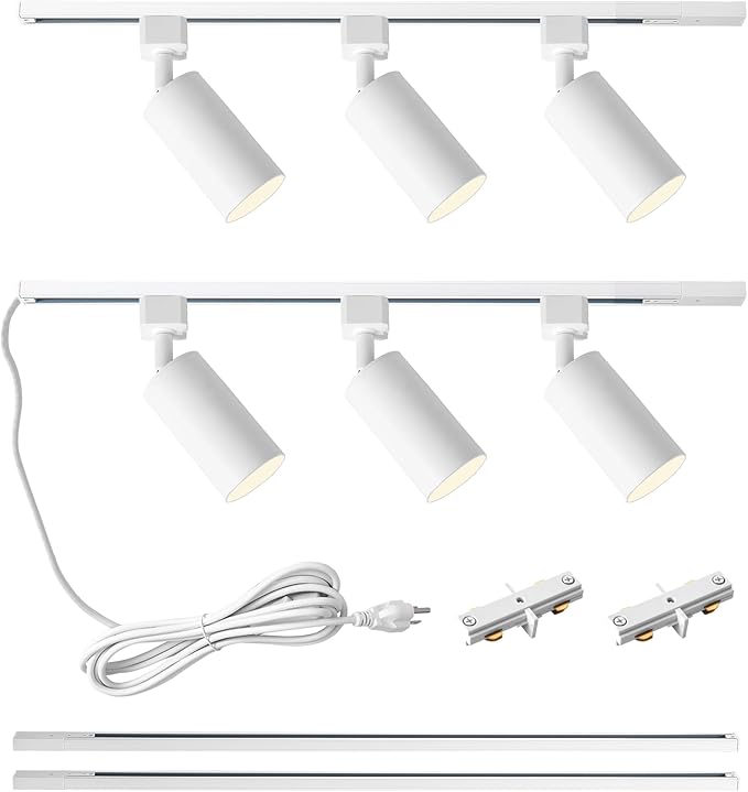 Plug in Track Lighting with Power Cord, 6-Light GU10 Track Lighting Kit with 6.6FT H Type Track Lighting Rails, Modern Kitchen LED Track Lighting Fixtures Ceiling Spot Light, White (No Bulbs)