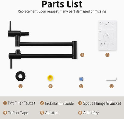 KES Pot Filler Faucet with Heat-Resistant Cartridge, 25.6" Over Stove Pot Filler, Kitchen Faucet Black with Double Joints Swing Arm Wall Mount, Stainless Steel No Lead, KN926S24LFF18-BK
