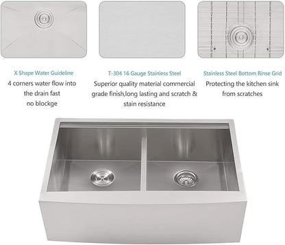 Lordear 33 Farmhouse Sink Double Bowl 33 Inch Farm Kitchen Sink Workstation Apron Front Stainless Steel 16 Gauge Low Divide 50/50 Double Kitchen Farm Sinks 33X22X10 Inch (Apron Height is 9 inch)