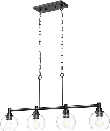 VONLUCE Dining Room Light Fixture Over Table, 4-Light Kitchen Island Lighting with Round Glass Shades & Adjustable Hanging Heights, Linear Chandlier for Dining Room Kitchen, Black, ETL Certificated