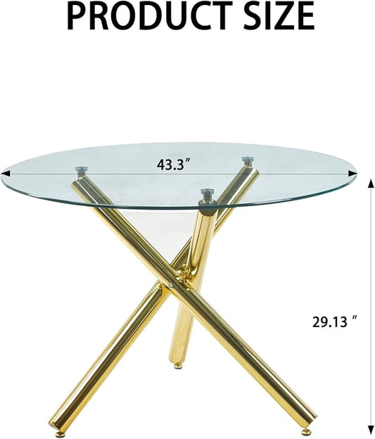 43.3'' Round Glass Dining Table,Modern Kitchen Table for 2-6 People,Dining Room Table with Tempered Glass Top and Metal Legs for Kitchen Apartment