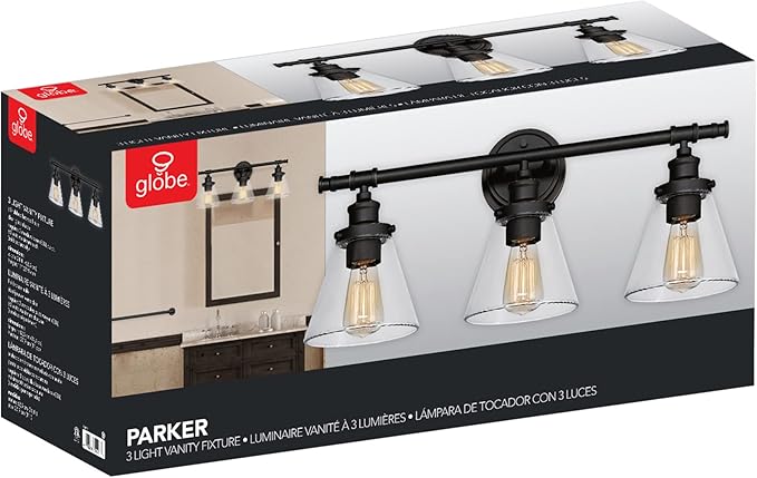 GLOBE Electric 51411 Parker 3-Light Bathroom Light Fixtures, Oil Rubbed Bronze Bathroom Vanity Light, Farmhouse Bathroom Lights Over Mirror with Clear Glass Shades, Bulb Not Included
