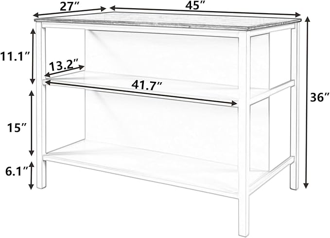 Solid Wood Rustic 45" Stationary Kitchen Island, Rubber Wood Butcher Block Dining Table Prep Table with 2 Open Shelves for Small Places,Walnut+Cream White