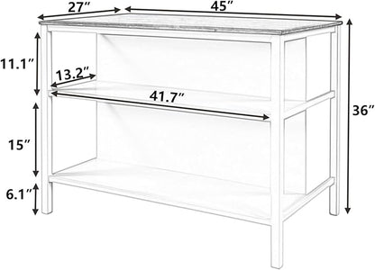 Solid Wood Rustic 45" Stationary Kitchen Island, Rubber Wood Butcher Block Dining Table Prep Table with 2 Open Shelves for Small Places,Walnut+Cream White