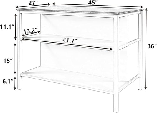 Solid Wood Rustic 45" Stationary Kitchen Island, Rubber Wood Butcher Block Dining Table Prep Table with 2 Open Shelves for Small Places,Walnut+Cream White