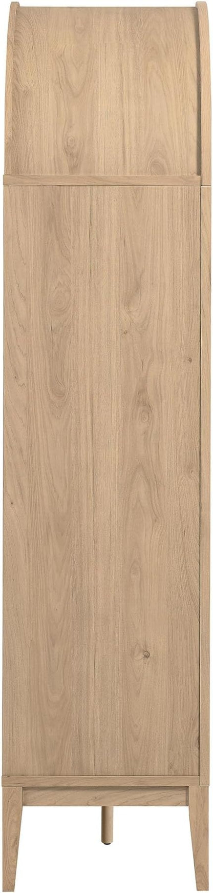 Modway Nolan Modern Farmhouse Arched Bar Cabinet in Light Oak Wood Grain - 72 Inch Tall Wine Storage Cabinet with Glass Doors and Wine Rack - Large Liquor Cabinet for Dining or Living Room