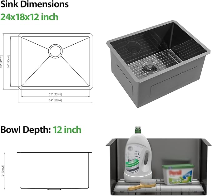 Undermount Laundry Sink - Couoko 24"x18"x12"Black Stainless Steel Laundry Sink NANO PVD Gunmetal Black 16 Gauge Single Bowl Deep Utility Laundry Room Kitchen Sinks