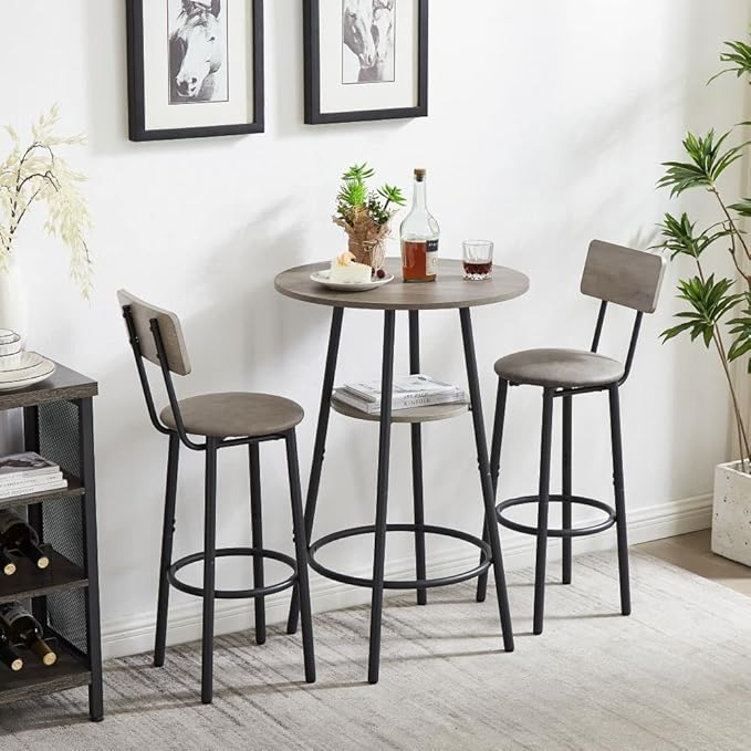 Bar Table Set for 2 with 2 PU Upholstered Stools, Pub Bistro Dinning Table and Stools with Backrest, Counter Height Bar Table Set for Apartment, Kitchen, Small Space