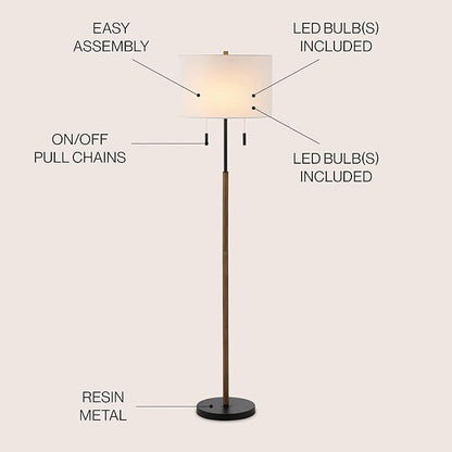 JONATHAN Y 61" Brown Wood/Black 2-Light Iron Candlestick LED Floor Lamp, Rustic Farmhouse Standing Lamp with Dual Pull Chains, White Linen Shade, LED Bulbs Included JYL1141A