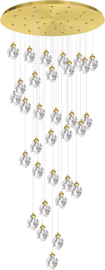 Gold Spiral Staircase Crystal Chandeliers 32-Lights 150 inch Long High Ceiling Chandelier Entrance Foyer Flush Mount Slopped Inclined Ceiling LED Dimmable 3000-6000K