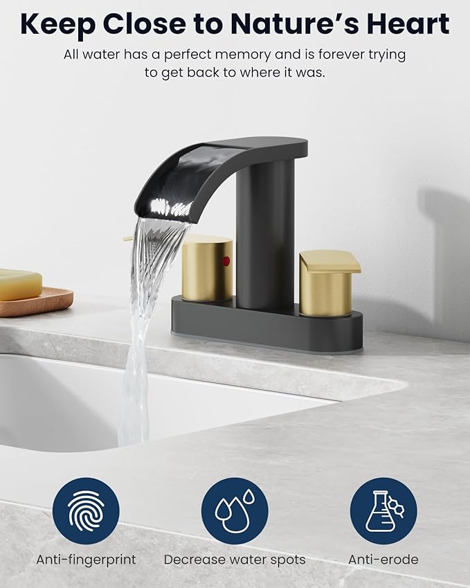 gotonovo 4 Inch Centerset Waterfall Bathroom Sink Faucet Deck Mount 2 Handle Basin Faucets 2 or 3 Hole with Pop Up Drain Included Lavatory Modern Mixer Tap Vanity Faucet Matte Black and Brushed Gold