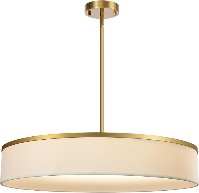 23.6 Inch Integrated LED Drum Chandeliers, 2800K Modern Fabric Pendant Light Fixture, White Linen and Gold Finish, Large Semi Flush Mount Lighting for Dining Room Bedroom Kitchen Entryway