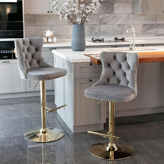Modern Swivel Bar Stool with Adjustable Height and Tufted Upholstered Backrest for Kitchen Island, Home Bar, or Dining Area (Gray + Velvet + Foam-1)