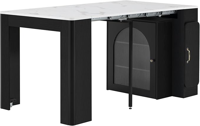 RuiSiSi Wooden Expandable Kitchen Table with 3 Removable Middle Leaves, 15.6”-59”L Modern Extendable Dining Table, Rolling Island Table with Power Outlet, Saving-Space Cabinet, Black+White Marble