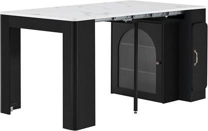 RuiSiSi Wooden Expandable Kitchen Table with 3 Removable Middle Leaves, 15.6”-59”L Modern Extendable Dining Table, Rolling Island Table with Power Outlet, Saving-Space Cabinet, Black+White Marble