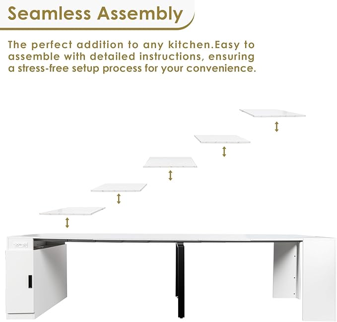Extendable Dining Table with Storage, Transformer Extra Console Table for 1-12 People, Folding Space Saving Dining Room Table with Built-in Outlet for Homes, Apartments, Marble White