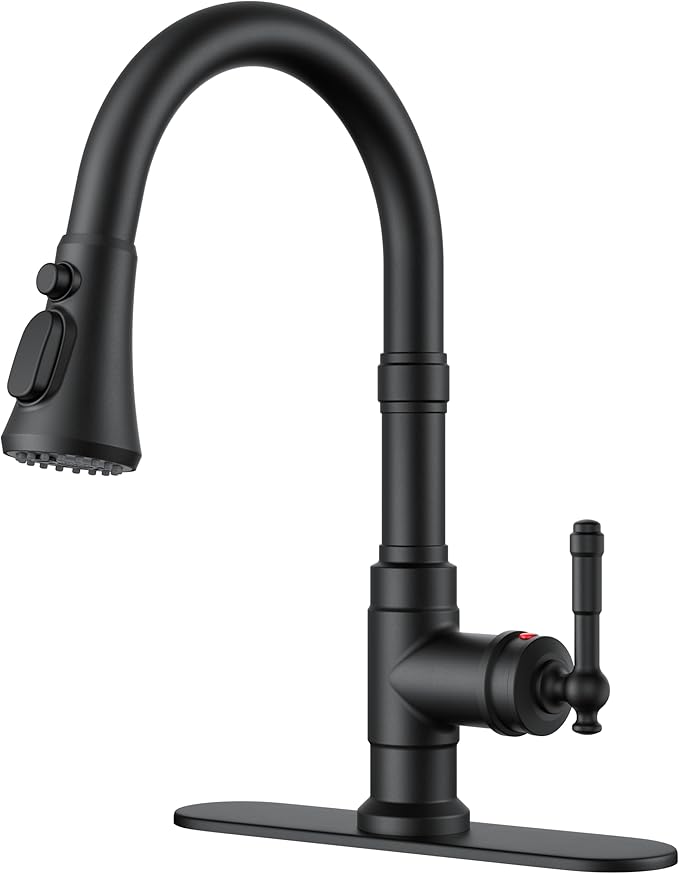 FORIOUS Vintage Kitchen Faucets with Pull Down Sprayer, Matte Black High Arc Single Handle Stainless Steel Rustic Pull Out Sink Faucet for Farmhouse Camper Rv Bar, Fit for 1 or 3 Hole