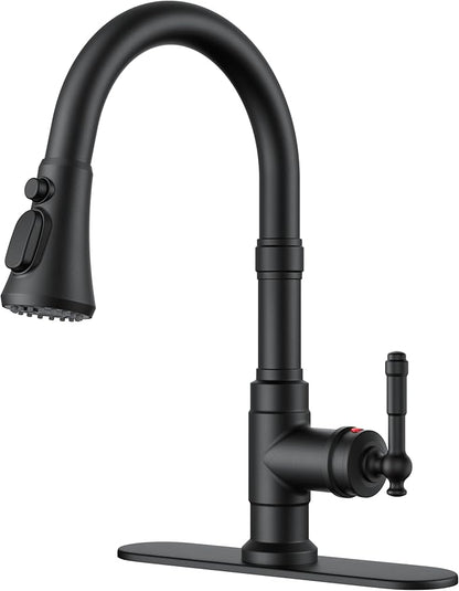 FORIOUS Vintage Kitchen Faucets with Pull Down Sprayer, Matte Black High Arc Single Handle Stainless Steel Rustic Pull Out Sink Faucet for Farmhouse Camper Rv Bar, Fit for 1 or 3 Hole