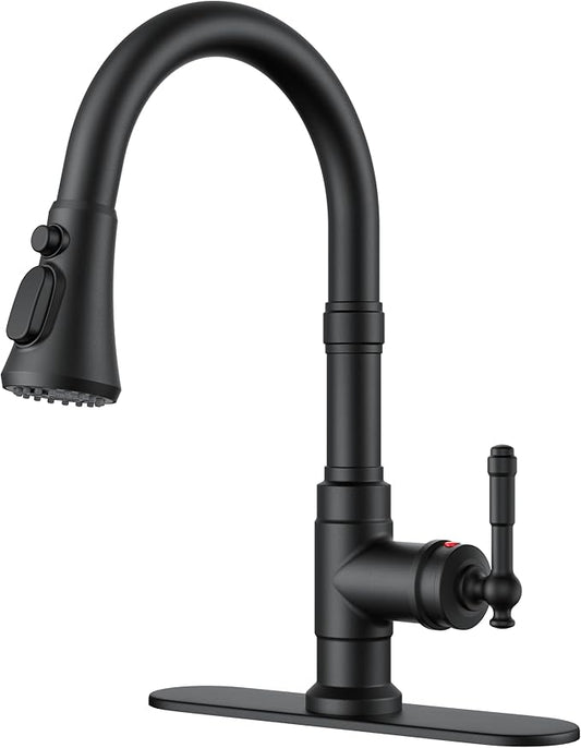 FORIOUS Vintage Kitchen Faucets with Pull Down Sprayer, Matte Black High Arc Single Handle Stainless Steel Rustic Pull Out Sink Faucet for Farmhouse Camper Rv Bar, Fit for 1 or 3 Hole