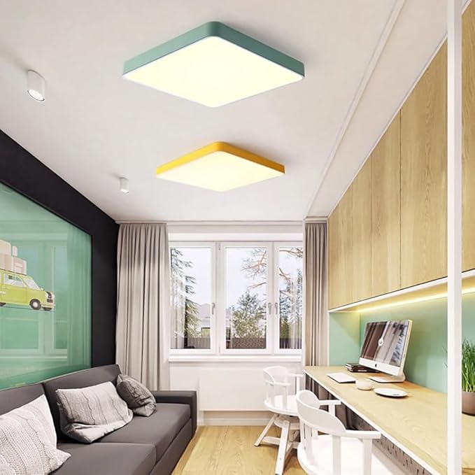 LED Modern Square Recessed Ceiling Lights, 12 Inch, 24W 3000K-6000K Dimmable, Green Close to Ceiling Flush Mount for Living Room & Bedroom