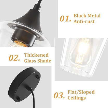3-Pack Black Pendant Lights Kitchen Island, Modern Glass Pendant Lighting Over Island Kitchen Hanging Light Fixtures Hallway Pendant Lights for Bathroom Dining Room Entryway Foyer Bedroom