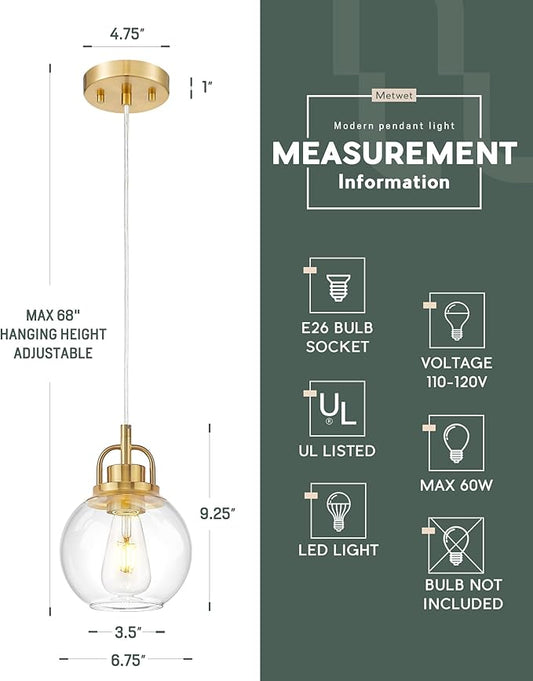 2 Pack Pendant Lights Kitchen Island, 7" Brushed Gold Pendant Light Fixtures Over Island with Globe Clear Glass Shade, Brass Hanging Lights for Dining Room Entryway, PL125-BG-2PK