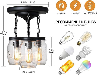 Mason Jar Light Fixtures, 3-Light Glass Mason Jar Pendant Lighting for Kitchen Island Farmhouse Close to Ceiling Kitchen Light Over Sink Barn Dining Room Chandelier Hallway Stairway