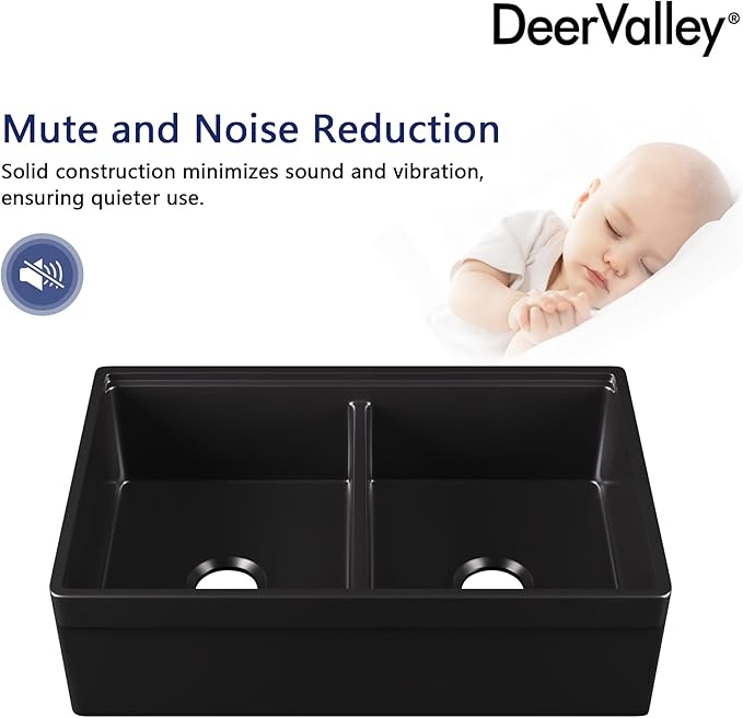 DeerValley 33 inch Workstation Kitchen Sink, Black Fireclay Farmhouse Sink, Double Bowl Apron Front Deep Drop-in Undermount Sink with Workstation Accessories