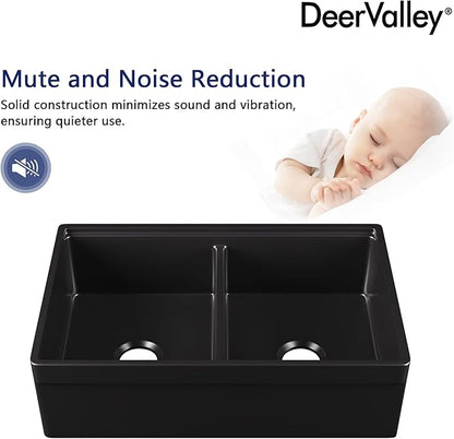 DeerValley 33 inch Workstation Kitchen Sink, Black Fireclay Farmhouse Sink, Double Bowl Apron Front Deep Drop-in Undermount Sink with Workstation Accessories