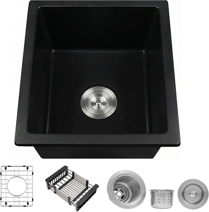 MILOSEN Black Bar Sink, 13×15 Inch Small Undermount/Drop in Black Wet Bar or Prep Sink, 9 Inch Deep Granite Composite Outdoor RV Single Bowl Basin with Accessories, Small Quartz Camper Sinks