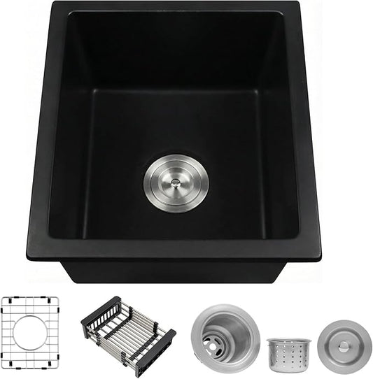 MILOSEN Black Bar Sink, 13×15 Inch Small Undermount/Drop in Black Wet Bar or Prep Sink, 9 Inch Deep Granite Composite Outdoor RV Single Bowl Basin with Accessories, Small Quartz Camper Sinks