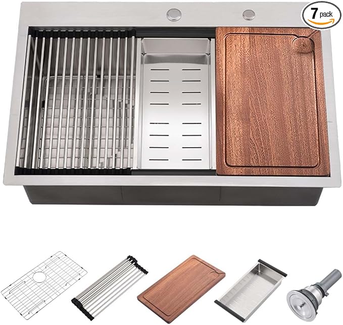 31 Inch Drop In Kitchen Sink Workstation- Wesliv 31x20 Stainless Steel Kitchen Sink Single Bowl Top Mount Workstation 16 Gauge Handmade Overmount Sinks with Cutting Board