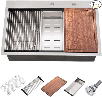31 Inch Drop In Kitchen Sink Workstation- Wesliv 31x20 Stainless Steel Kitchen Sink Single Bowl Top Mount Workstation 16 Gauge Handmade Overmount Sinks with Cutting Board