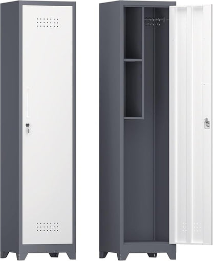 IRONFFICE Storage Cabinet,Slim Broom Closet Storage Cabinets with Lockable Doors,Narrow Utility Cabinets with Hanging Rod,Tall Broom Closet for Laundry,Home Office,Grey-White