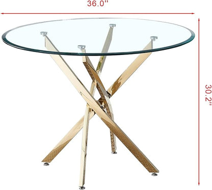 Pvillez 36“ Round Dining Table for 4, Contemporary Tempered Glass Dining Table, Small Dinner Table with Stainless Steel Base, Round Clear Kitchen Table Writing Desk for Dining Kitchen