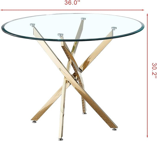 Pvillez 36“ Round Dining Table for 4, Contemporary Tempered Glass Dining Table, Small Dinner Table with Stainless Steel Base, Round Clear Kitchen Table Writing Desk for Dining Kitchen