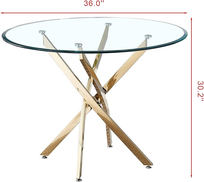 36" Glass Dining Table for 2-4, Modern Dining Room Table with 0.39" Tempered Glass Top and Cross X-Shaped Gold Stainless Steel Base, Round Kitchen Dinner Table for Dining Room