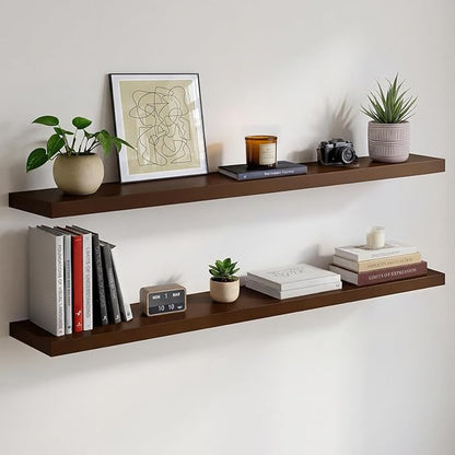 Homeforia 48 inch Walnut Floating Shelf, High End Solid Real Wood Large 48inch Floating Shelves for Wall, Dark Brown 48 inches Long Floating Shelves, Heavy Duty Bracket, 48 X 6.5 X 1.75 inch, Set of 3