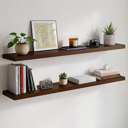 Homeforia 48 inch Walnut Floating Shelf, High End Solid Real Wood Large 48inch Floating Shelves for Wall, Dark Brown 48 inches Long Floating Shelves, Heavy Duty Bracket, 48 X 6.5 X 1.75 inch, Set of 3