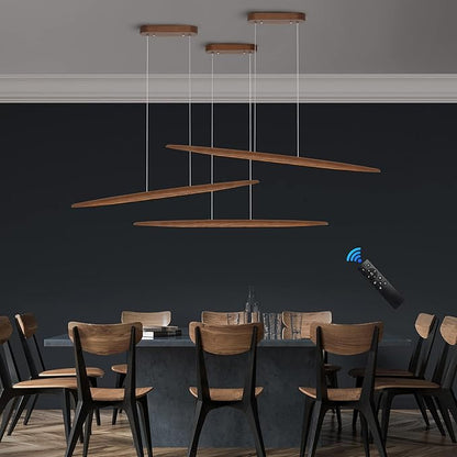 YISDESIGN 39" Wood Linear Pendant Light LED Dimmable Hanging Light Dinning Room Light Fixture Island Lights 24w for Dining Room Kitchen Island Bar Walnut Color