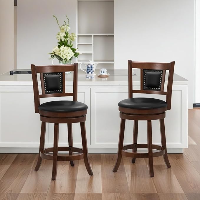 ERGOMASTER Swivel Bar Stools Set of 2-25.5 Inch Counter Height with Footrest, 360° Spin & Extra Wide Seat, Vintage Rubber Wood Frame, 250 lbs Capacity, Kitchen Island Stools for Small Spaces