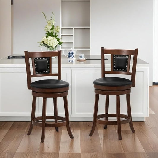 ERGOMASTER Swivel Bar Stools Set of 2-25.5 Inch Counter Height with Footrest, 360° Spin & Extra Wide Seat, Vintage Rubber Wood Frame, 250 lbs Capacity, Kitchen Island Stools for Small Spaces