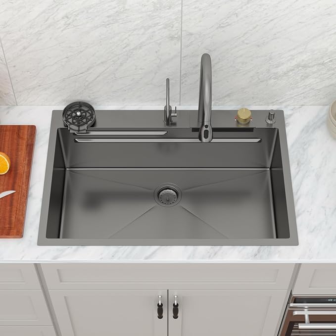 Logmey 33 Inch Waterfall Kitchen Sink Black Workstation Smart Sinks 33x22x9 Inch Drop In Kitchen Sink with faucet Combo Stainless Steel 16-Gauge Single Bowl Topmount Sinks