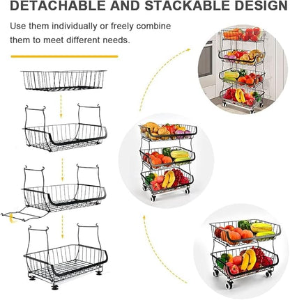 Miyawell Fruit Vegetable Storage Basket, 4 Tier Stackable Metal Wire Storage Baskets with Wheels, Fruit Vegetable Produce Basket Organizer Bins for Kitchen, Pantry, Bathroom