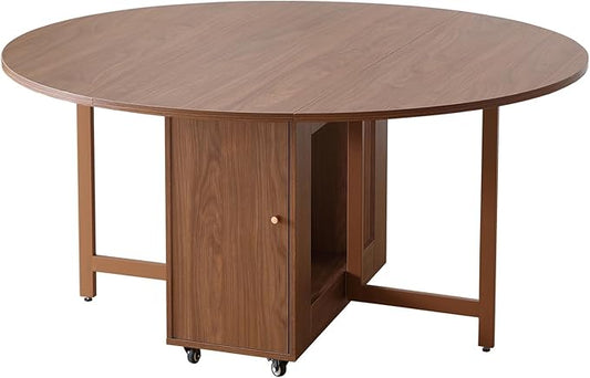 COMUHOME 47.3" Round Folding Dining Table for 4-8, Wood Kitchen Foldable Table Large Drop Leaf Dinner Table with Storage Shelf Metal Legs for Home Dining Room Living Room in Walnut