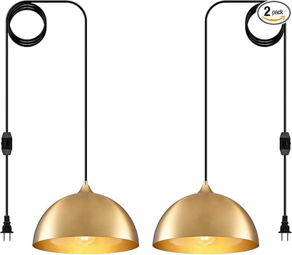 Plug in Hanging Light 2 Packs 11.8inch, Gold Hang Lamp Plug in, Farmhouse Pendant Light, Pendant Lights Kitchen Island, Hanging Lights with Plug in Cord 14.ft