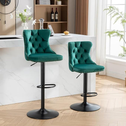 17.7 inch Base, Modern Upholstered Bar Stools with Backs Comfortable Tufted for Home Pub and Kitchen Island,Gray,Set of 2 (Green + Velvet + Foam-1)