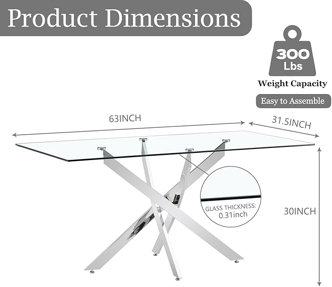 63" Modern Rectangular Glass Dining Table for 4-6, Contemporary Dining Room Table with Tempered Glass Top & Silver Finish Stainless Steel Legs for Kitchen, Home, Dining Room
