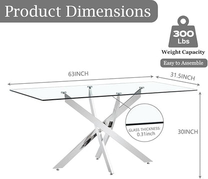 63" Modern Rectangular Glass Dining Table for 4-6, Contemporary Dining Room Table with Tempered Glass Top & Silver Finish Stainless Steel Legs for Kitchen, Home, Dining Room